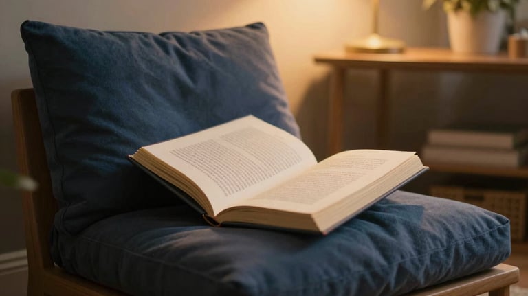 A soft focus shot of a comfortable North American reading nook at night, with warm golden lighting and a soft midnight blue cushion, symbolizing quiet companionship.