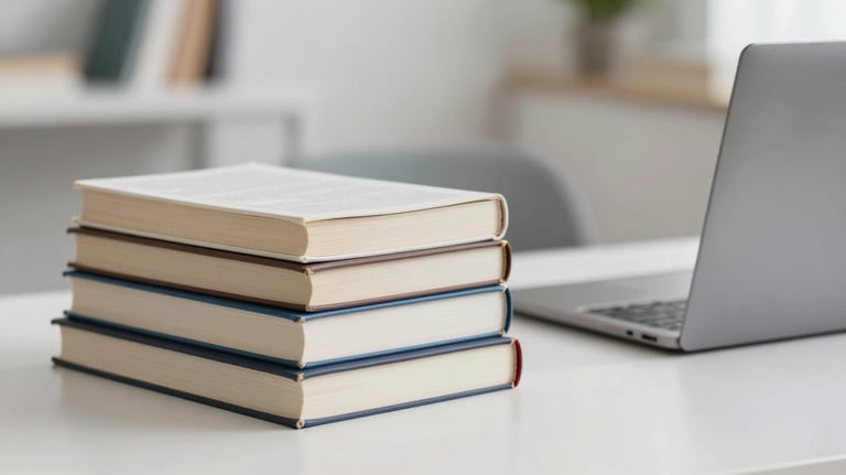 A bright, clean image of a student's desk with a stack of textbooks and a laptop. The focus is on the textures of the paper and the modern feel of the workspace.