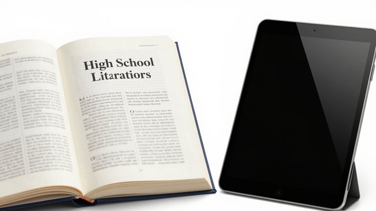 A close-up of a high school literature textbook alongside a modern tablet, symbolizing the blend of traditional and digital learning. Style is clean and high-contrast.