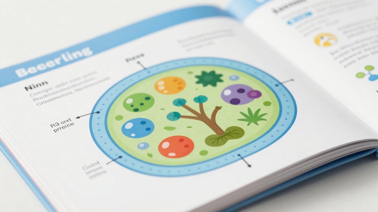 A close-up shot of an open science textbook for children showing a colorful diagram of a plant cell, using professional photography and clean lighting with #9EB7C2 accents.