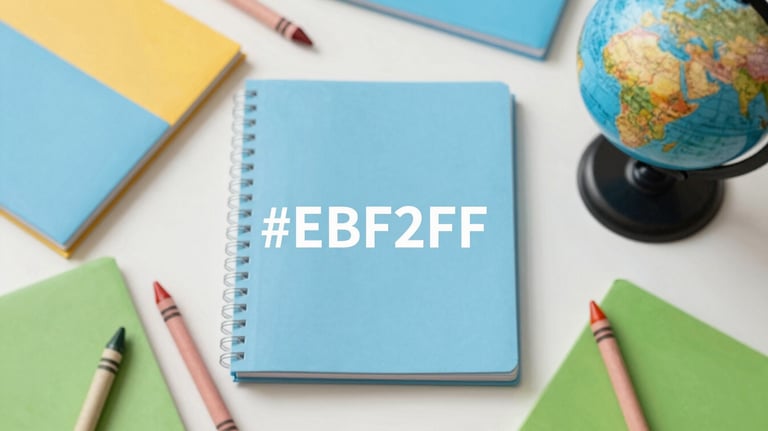 A flat-lay composition of colorful kindergarten workbooks with crayons and a small globe. Bright, cheerful lighting highlighting brand colors #EBF2F6 and #9EB7C2.