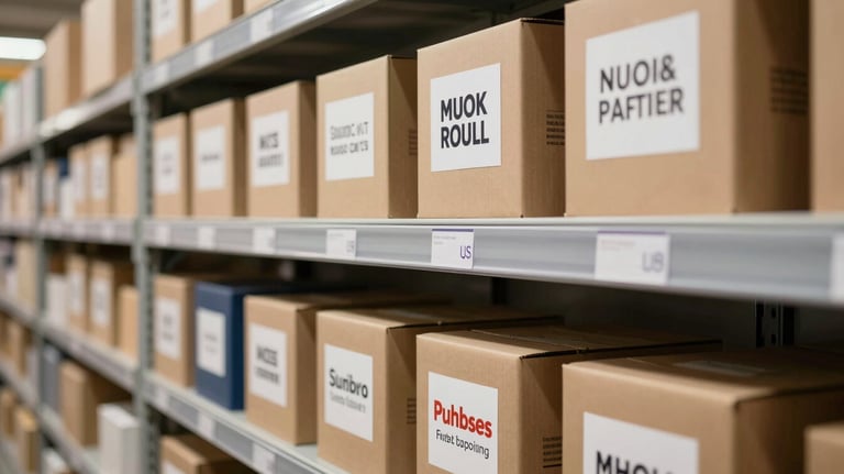 A warehouse shelf neatly organized with boxes of textbooks, labeled with major UK and US publisher logos, signifying efficient distribution. Professional lighting.