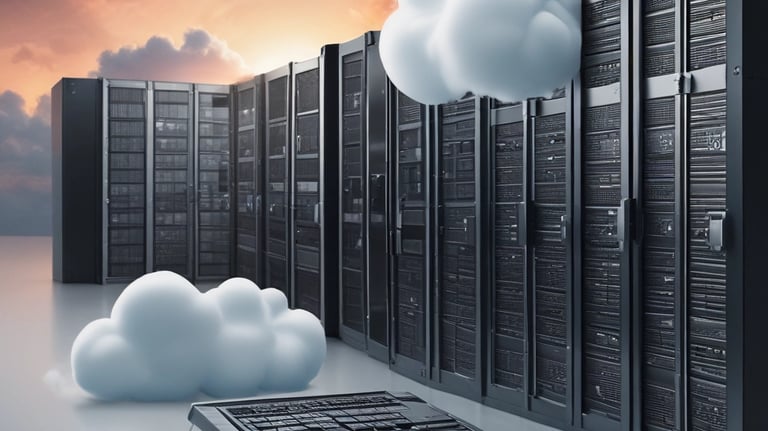 Cloud computing data center server racks with white fluffy clouds under a sunset sky.