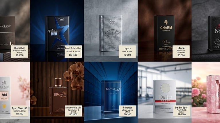 A vibrant collage of ten distinct perfume bottles, each displayed with unique packaging and branding, highlighting
