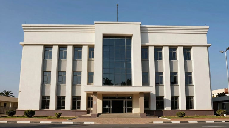 A professional photography of a modern building facade in Senegal, representing the institutions of justice, with clear blue sky and a clean environment.