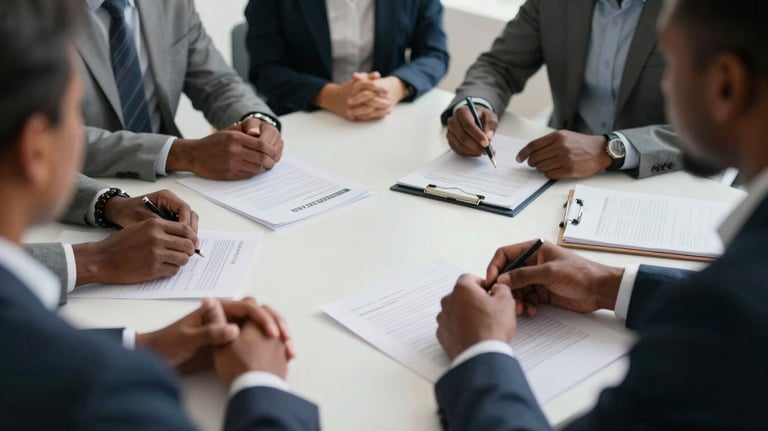 A close-up photograph of a professional meeting in Dakar, showing diverse professional attire and documents on a clean white table, emphasizing collaboration.