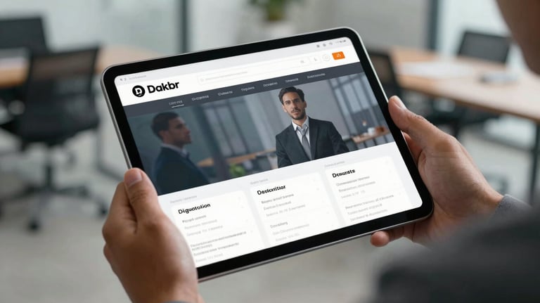 A high-quality photo of a digital tablet displaying a professional interface, held by a person in professional attire in a modern Dakar office.