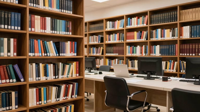A crisp photograph of a legal library in Senegal, with rows of books and a modern study area, representing the focus on training and knowledge.