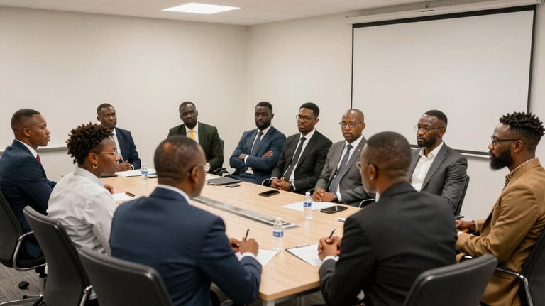 A bright photography shot of a West African legal seminar taking place in a contemporary conference room, showing professional participants engaged in discussion.