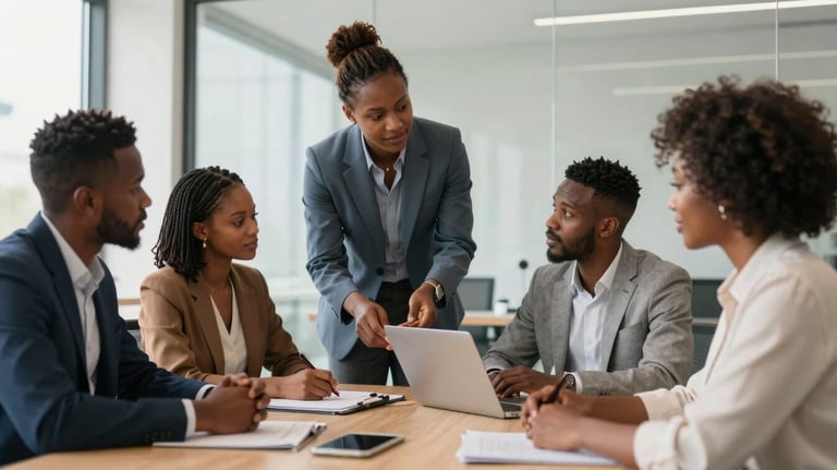 A professional photography of a group of West African professionals collaborating in a bright, modern meeting room with glass walls.