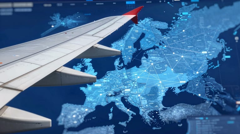 Close up of an airplane wing over a digital map showing connections between Germany and Asia, using a blue color palette.