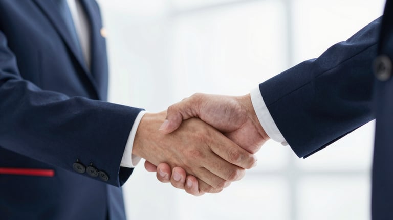 Close up of a professional handshake in a hospitality setting, with navy blue uniform accents and a bright, clean lighting style.