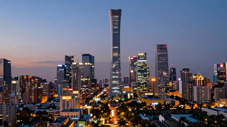 A modern cityscape of a bustling Asian metropolis at twilight, showcasing global connectivity and dynamic energy.