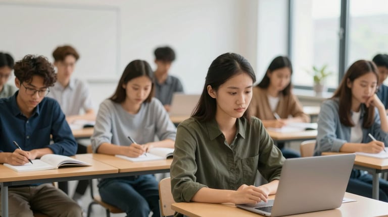 A diverse group of young professionals in a classroom setting, learning German, representing the bridge to international talent.
