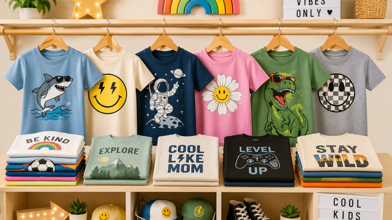 Collection of colorful kids t-shirts with graphic designs including a dinosaur, astronaut, and shark hanging in a boutique