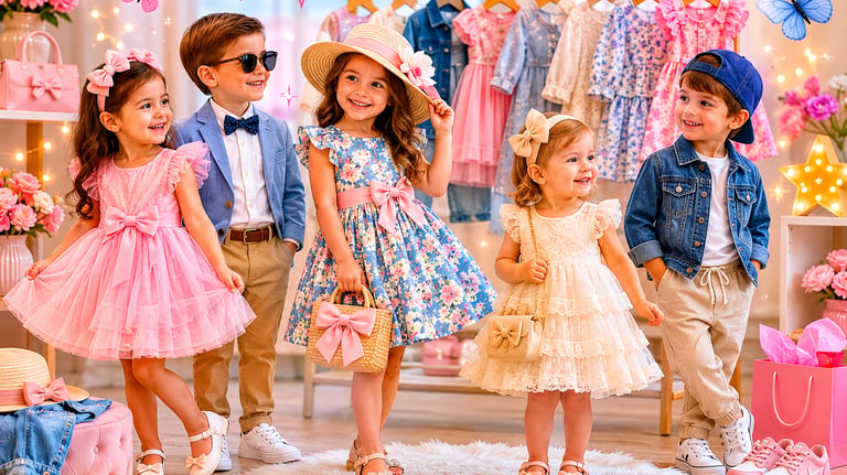 Stylish toddlers modeling trendy kids clothing and summer dresses in a boutique setting.