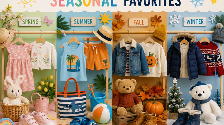 Seasonal children's clothing display featuring spring, summer, fall, and winter outfits with matching toys.