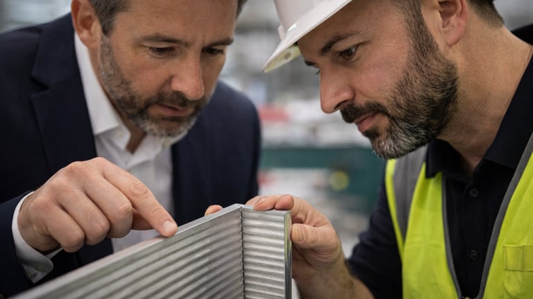 Engineer and manager inspect an aluminum manufacturing part in a factory setting.