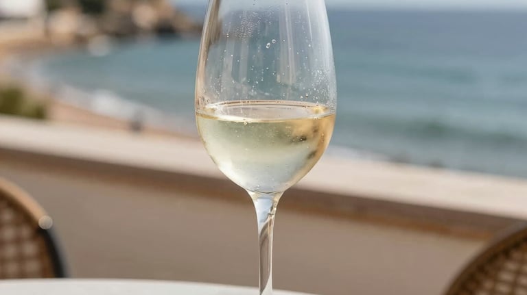 A chilled glass of white wine on a terrace overlooking a Spanish coastline. The lighting is bright and airy, capturing the condensation on the glass. Palette of sand and off-white.