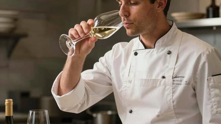 A professional chef in a clean apron tasting a white wine for quality. Focus on the concentration and expertise. Southern European kitchen setting, sophisticated and warm.