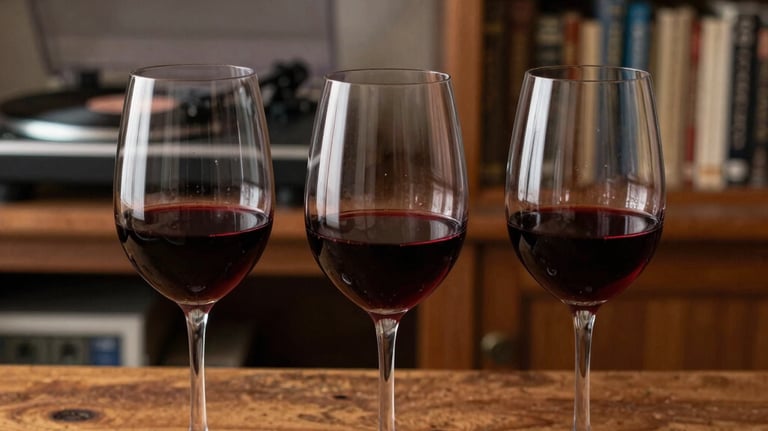 Three glasses of red wine lined up on a bar made of aged wood. In the blurred background, a vinyl record player and shelves of books create a warm, intellectual atmosphere typical of a Spanish study.
