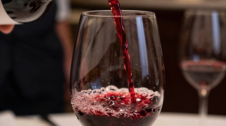 A close-up of a rich red wine being poured into a crystal glass. The setting is a refined restaurant in Southern Europe, with warm lighting and a hint of a professional kitchen in the background. Colors: deep burgundy and mahogany.