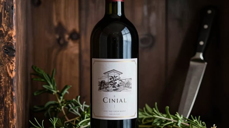 A moody still life of a wine bottle on a dark wooden shelf, surrounded by culinary herbs and a chef's knife. Elegant, Spanish rustic style. Soft side lighting highlights the textures of the label and the glass.