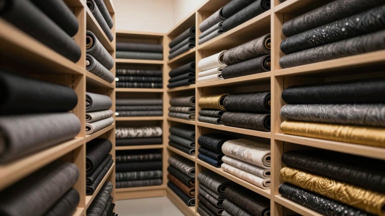 A wide shot of a professional textile showroom featuring organized shelves of premium fabrics in black, charcoal, and gold tones, bathed in soft light.