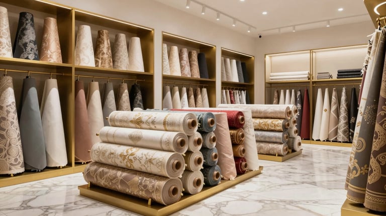 Interior of a modern, high-end textile boutique in Dubai, featuring marble floors, gold accents, and beautifully displayed rolls of luxury fabric.