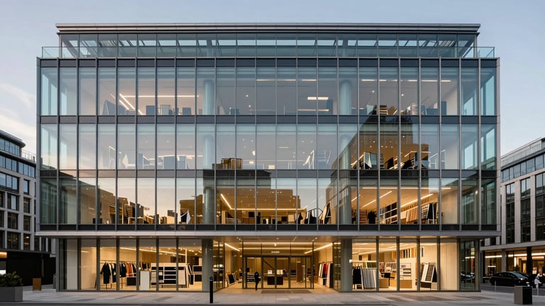 Architectural photograph of a modern glass and steel building in London, housing a luxury textile design studio, shot during the golden hour.