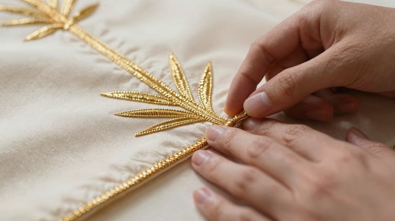 Macro shot of a designer's hands touching a fine piece of soft cream textile with metallic gold thread embroidery, reflecting luxury and care.
