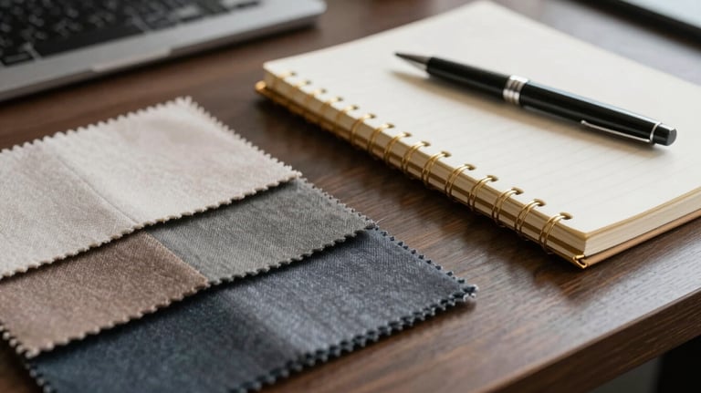 A professional office desk with fabric swatches, a gold-rimmed notebook, and a sleek modern pen, representing high-end sales and showroom consultations.