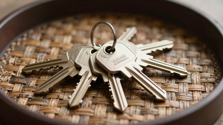 Macro photography of a set of keys on a hand-woven silk tray, symbolizing premium property management and welcoming hospitality in Rabat.