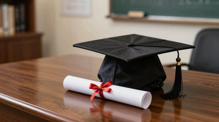 A graduation cap and diploma resting elegantly on a polished wooden desk in a refined East Asian / Hong Kong / Greater Bay Area study room.