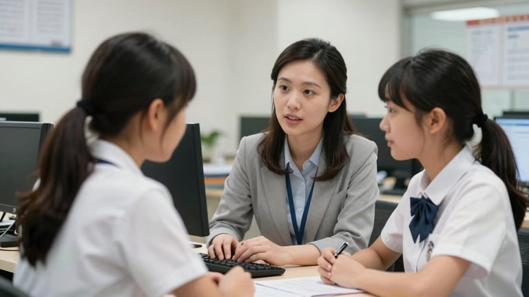 An experienced teacher thoughtfully advising a high school student in a well-lit East Asian / Hong Kong / Greater Bay Area school office.