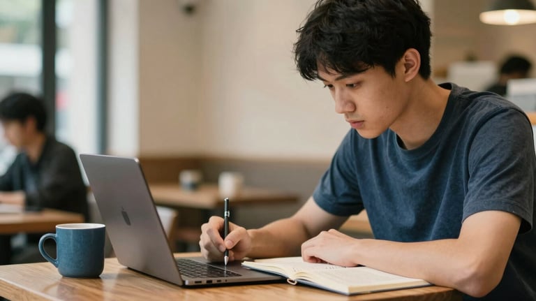 A focused student taking notes from a laptop in a cozy East Asian / Hong Kong / Greater Bay Area cafe, with a slate blue mug on the table.