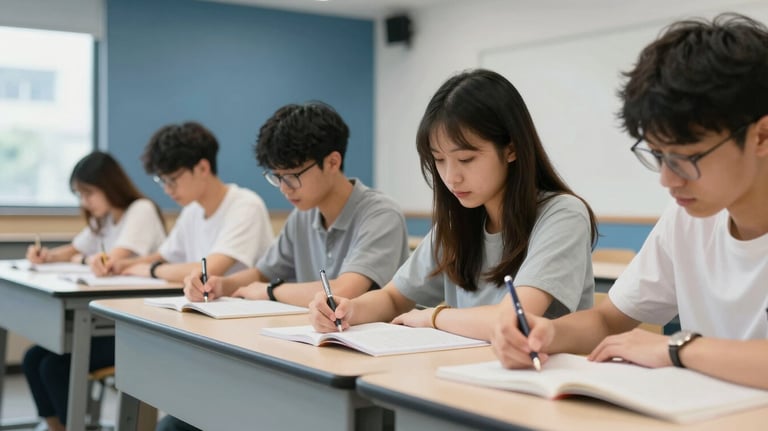 Dedicated students studying in a bright, modern East Asian / Hong Kong / Greater Bay Area classroom with slate blue design accents.