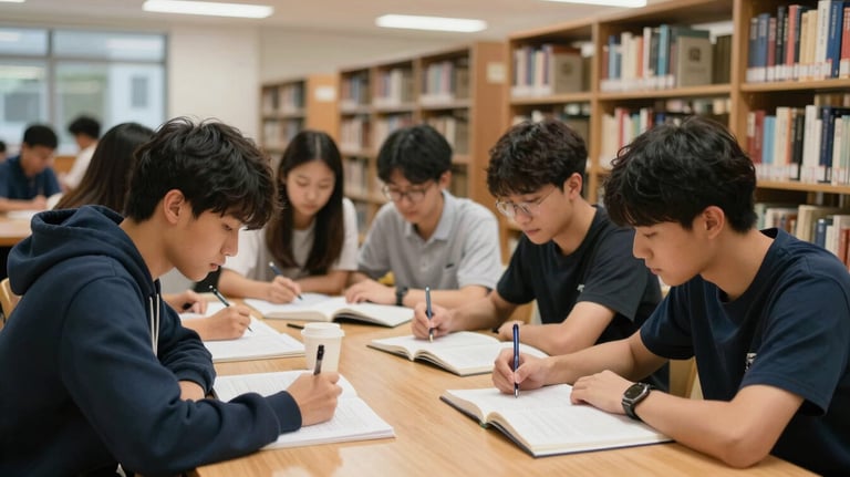 Students collaboratively studying at a table in a prestigious international school library located in the East Asian / Hong Kong / Greater Bay Area.