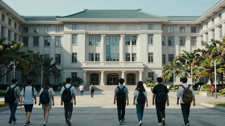 A sunny day on a prestigious university campus in the East Asian / Hong Kong / Greater Bay Area region, students walking, featuring subtle light steel blue tones.