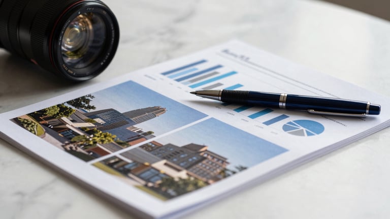 A high-quality photography of a corporate report with charts and architectural photos, lying on a white marble table with a navy pen.