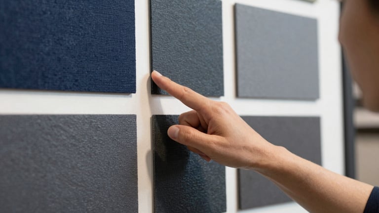 A close-up photography of a professional interior designer pointing at a mood board with textures of navy and slate, professional lighting.