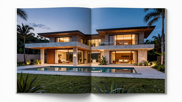 The front cover of a luxury real estate magazine featuring a stunning modern villa at twilight, vibrant colors, South American / Brazilian style.