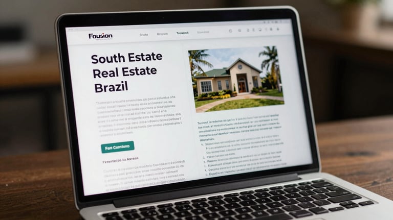 An open e-book on a laptop screen showing a guide about real estate sales, with a clean and professional layout, South American / Brazilian context.