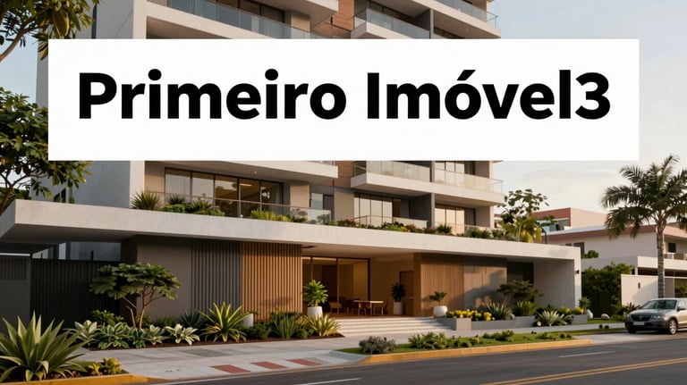 An educational guide cover with the title 'Primeiro Imóvel' featuring a modern residential building with elegant landscaping, South American / Brazilian style.