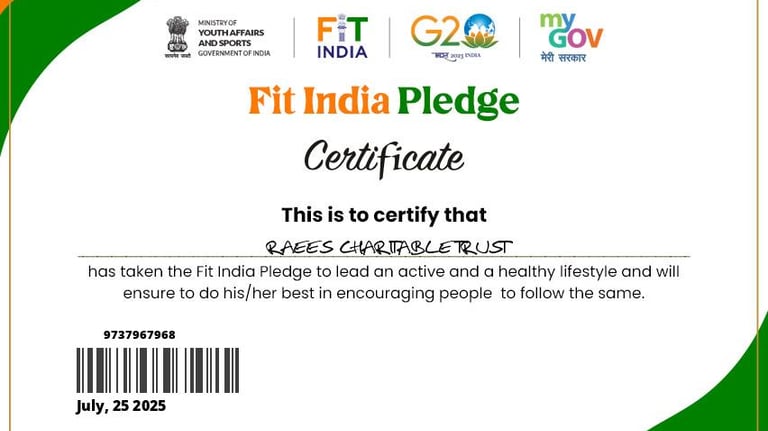 <title>FIT India Pledge - Raees Charitable Trust | Promoting Fitness & Healthy Living</title>