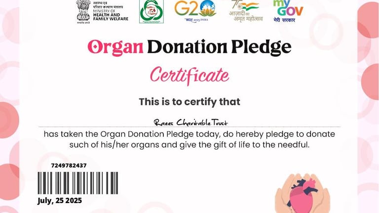<meta name="description" content="Raees Charitable Trust supports organ donation awareness in India.