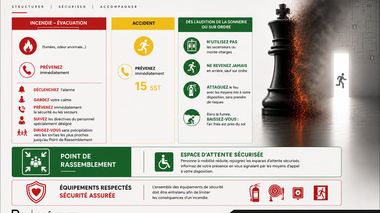Workplace fire safety and emergency evacuation infographic showing procedures, assembly points, and exit signs.