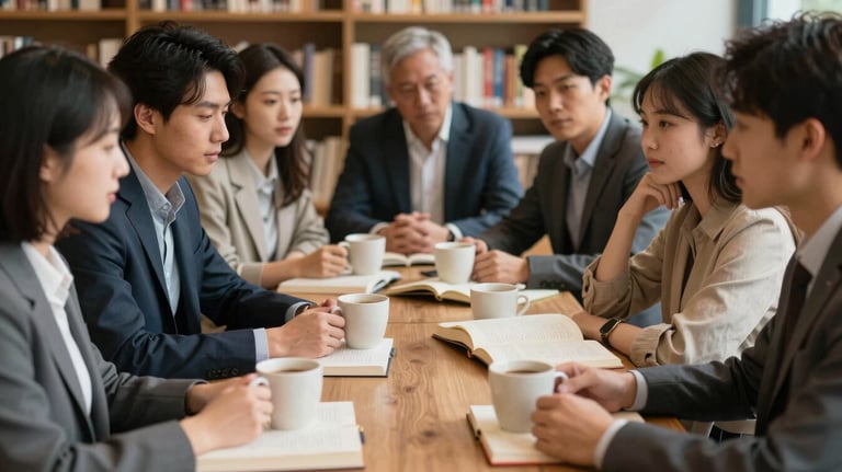 A group of readers in a sophisticated North American / US book club setting, engaged in a lively discussion with soft off-white coffee mugs.