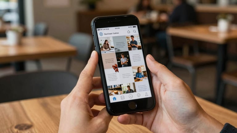 A pair of hands holding a smartphone displaying a literary Instagram feed, set against the backdrop of a cozy North American / US cafe.