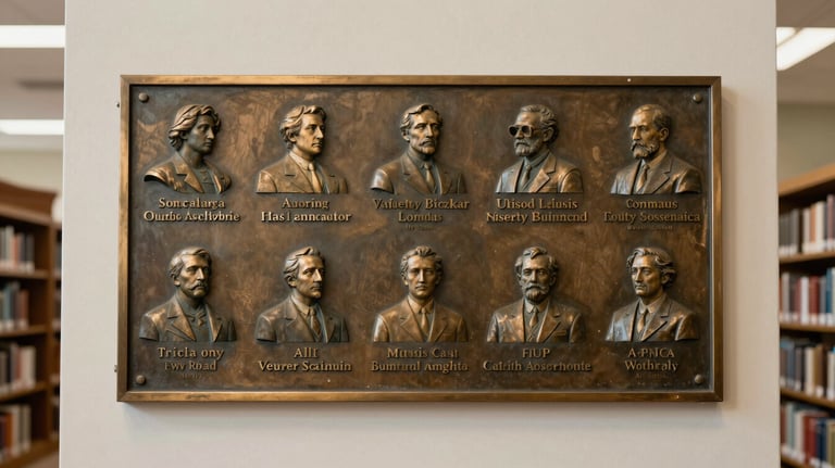 A bronze-colored plaque of a literary association mounted on a soft off-white wall in a North American / US library hall.